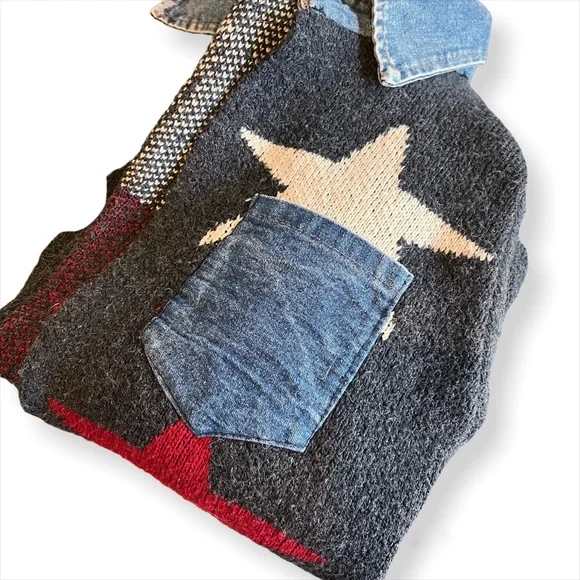 WOOL STAR PRINT CARDIGAN DENIM TRIM OPEN FRONT COLLARED SWEATER COAT GRAY Siz… - Picture 8 of 13